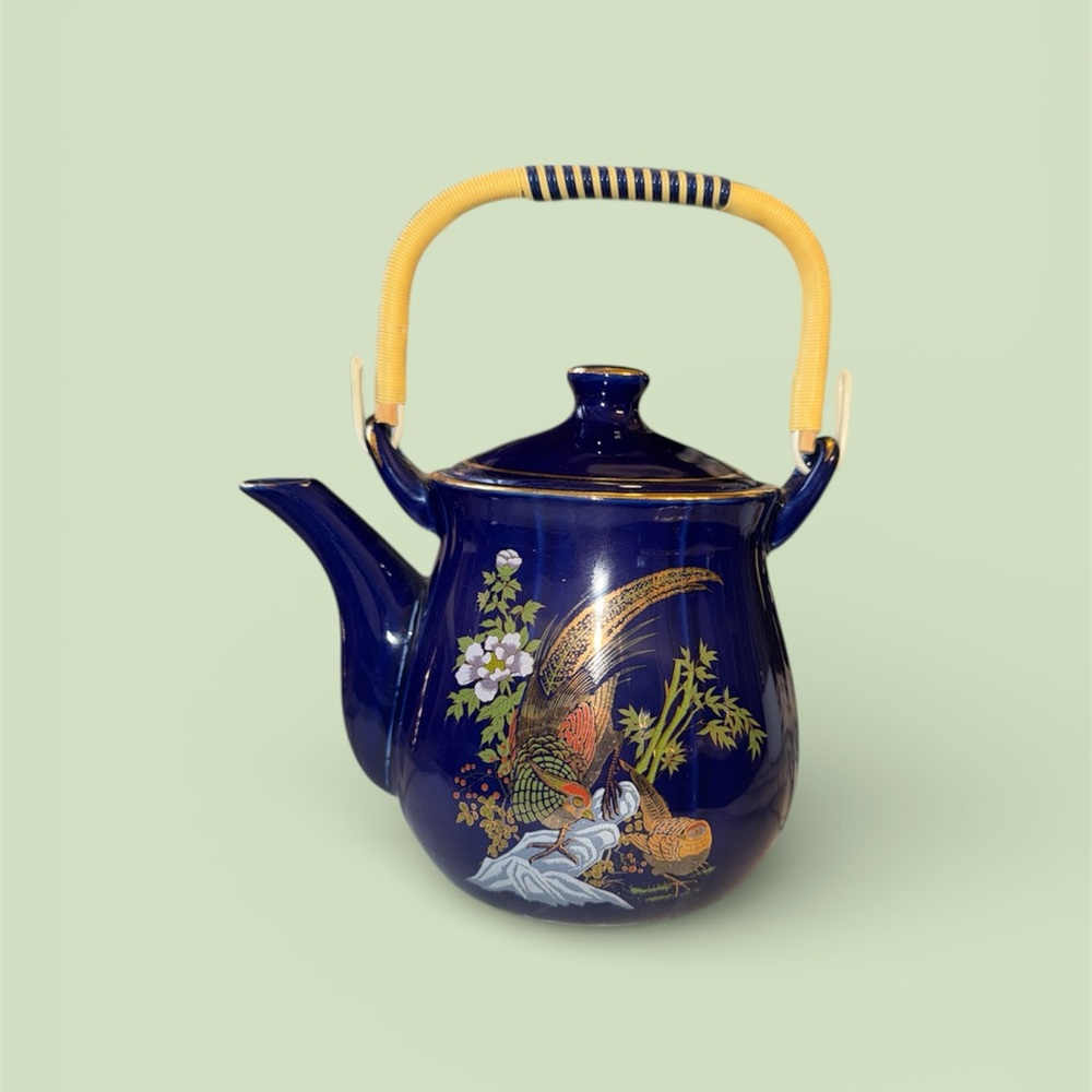 Artistic Navy Ceramic Teapot with Bamboo Handle